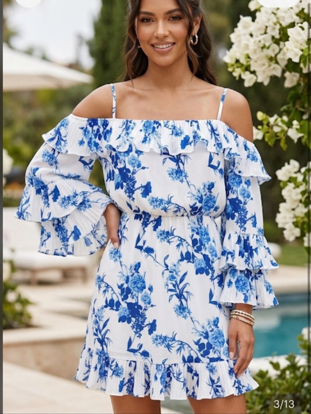 Pretty Little Thing Blue Floral Off Shoulder Ruffled Mini Dress Size 4 NWT